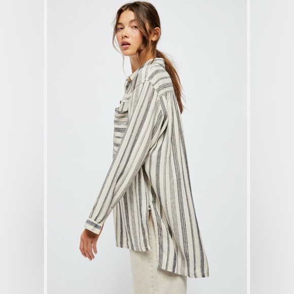 Free People Summer Breeze Stripe Popover Shirt Small Linen Blend Long Sleeve - Picture 3 of 10